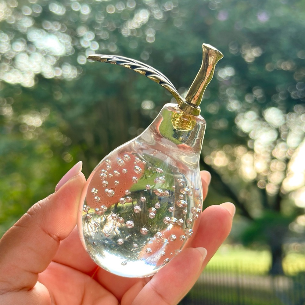 Clear Glass Pear Paperweight with Gold Stem